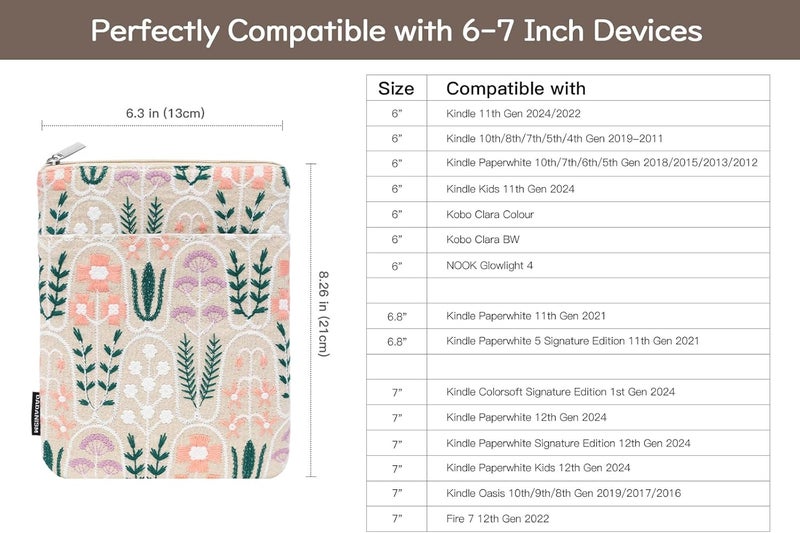 Dadanism Embroidered Daisy Padded Sleeve for All-New Kindle Paperwhite, 7" Kindle Colorsoft Signature Edition, Protective Sleeve Case for 6" Kindle/Kindle Oasis/Kobo E-Reader, Beige Plants - Image 2